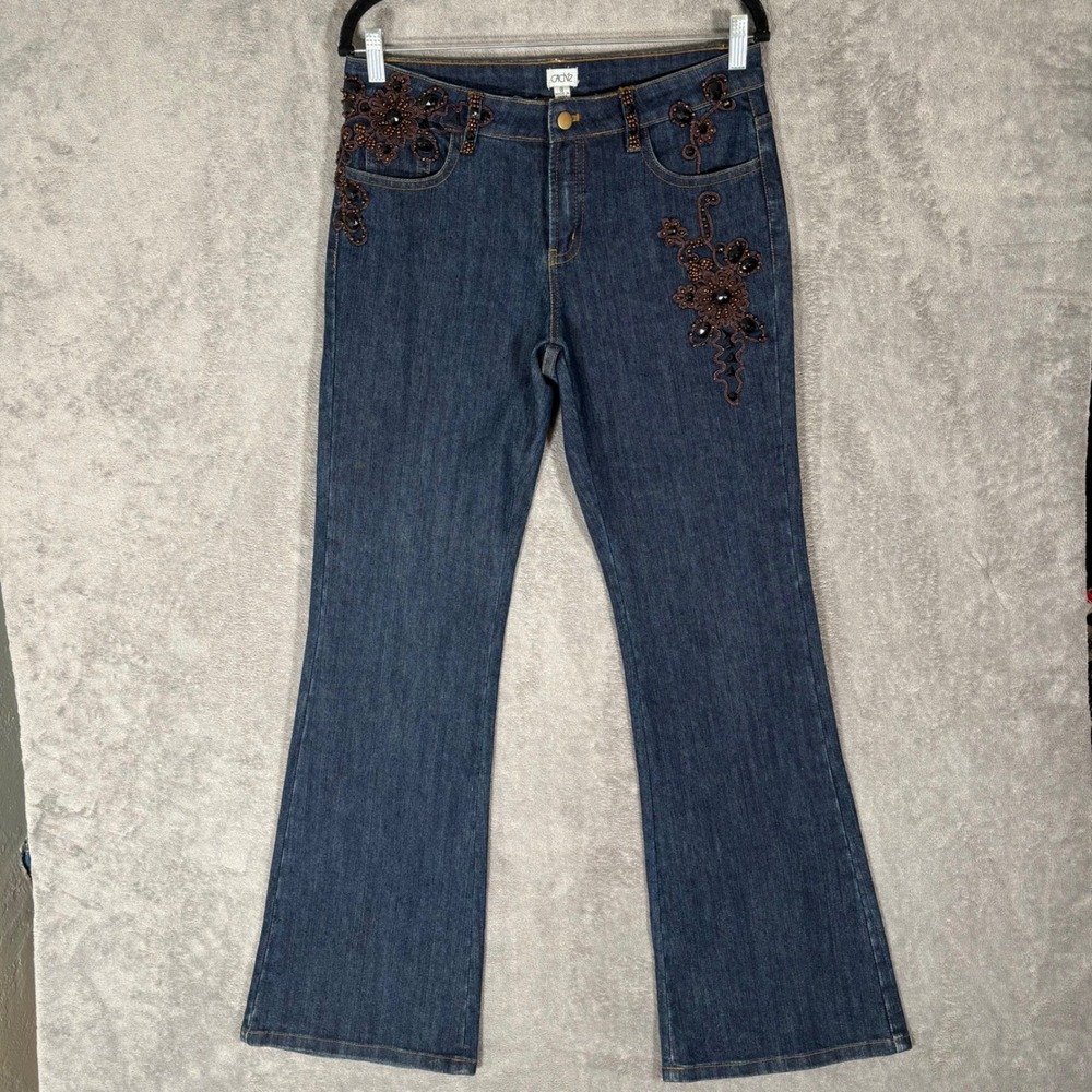 VTG Cache Womens 8 Beaded Floral Embellished Flare Jeans Dark Wash Blue Y2K Boho